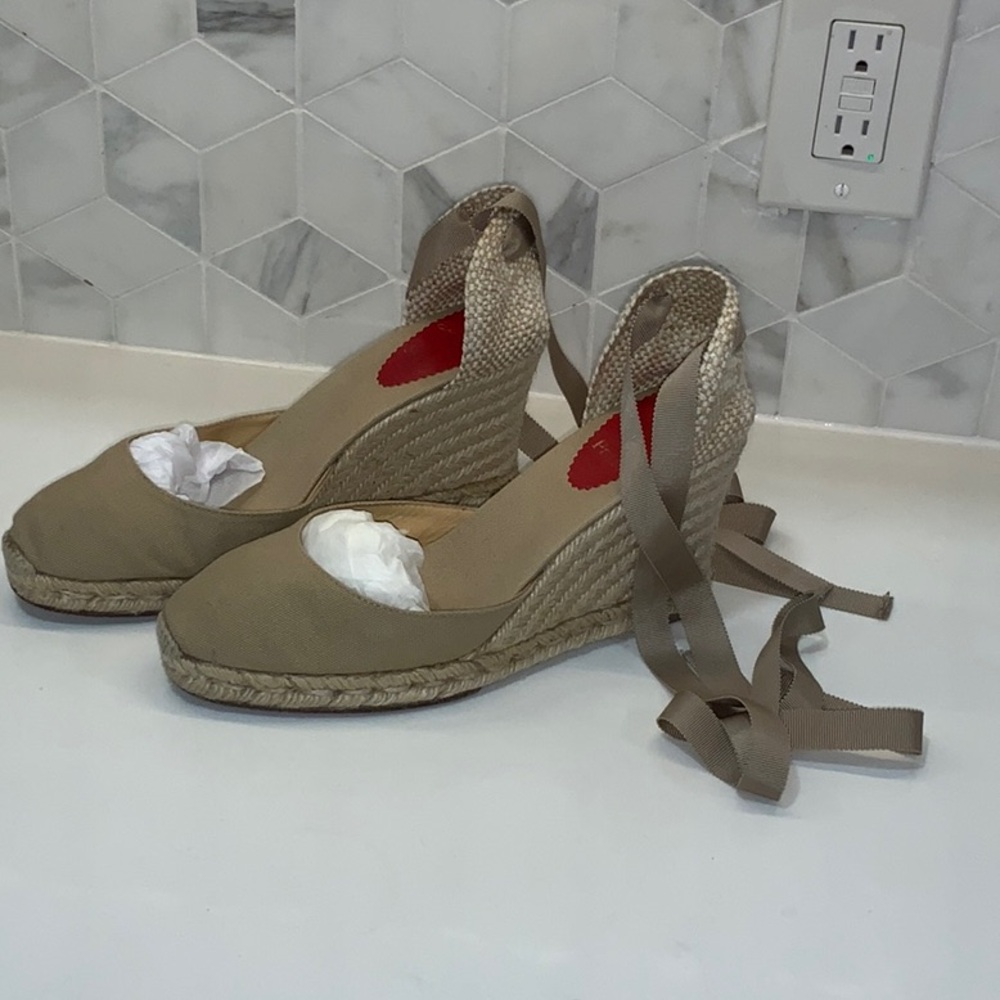Christian Louboutin Canvas D'Orsay Espadrills
Tan, Round-Toes, Wedge Heel